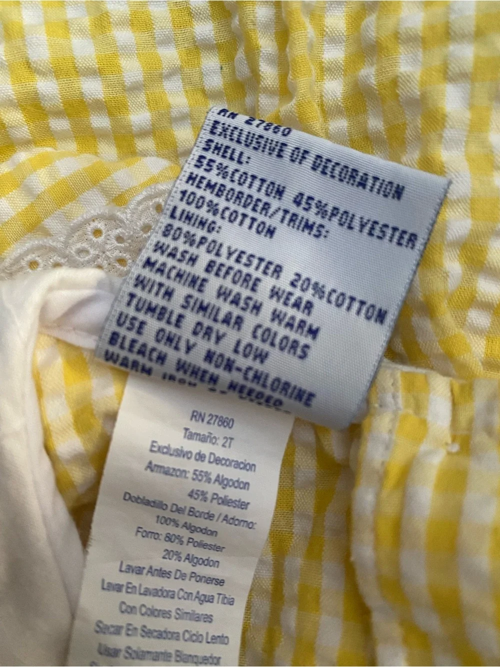 Yellow Gingham Seersucker Samara Girls' Dress with Pink Flower Appliqués Size 2T